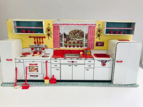 Vintage 1950's Louis Marx Toy Litho Pretty Maid Play Kitchen Set & Accessories
