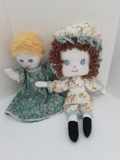 VTG Handmade Rag Dolls Lot of 2 Caucasian Blonde 10" Dress Brunette 12" Bonnet