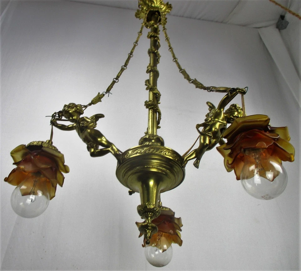 Antique Empire  Chandelier Putti Cherubs Angels 3 arm Lights Amber Shades Lovely - Image 3 of 4