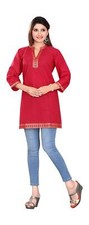Red 3/4 sleeve Indian Cotton Kurti/Tunic with Golden neckline