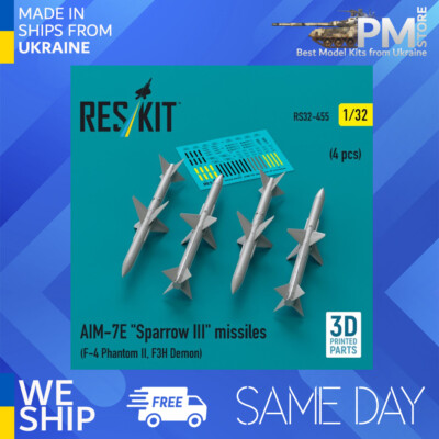 Reskit RS32-0455 1/32 AIM-7E ''Sparrow III'' missiles 4pcs F-4 PhantomII F3H Demon