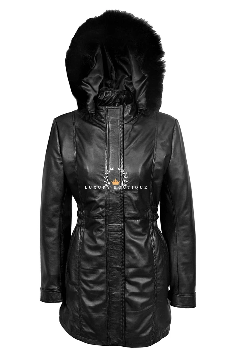 Cappotto Lungo In Pelle Donna Con Cappuccio | Trincea Nero Taglia S XS | Pelle D'Agnello