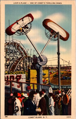 Linen Postcard Loop-O-Plane Trill Ride Amusement Park Coney Island, New York