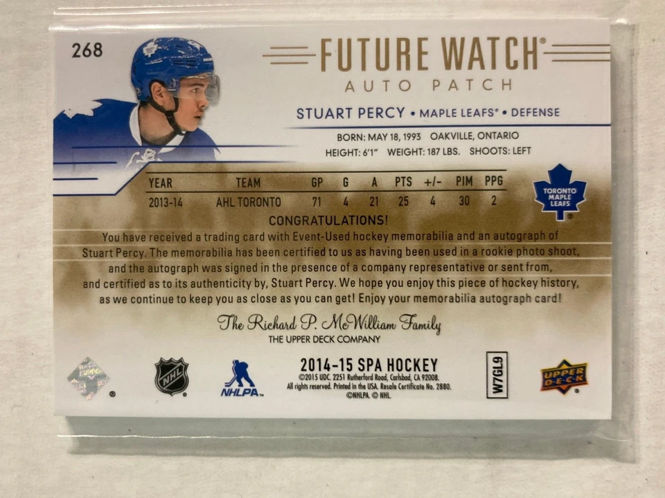 2014-15 SP Authentic Limited #268 Stuart Percy RC JSY AU /100 H1R3G - Image 2 of 2