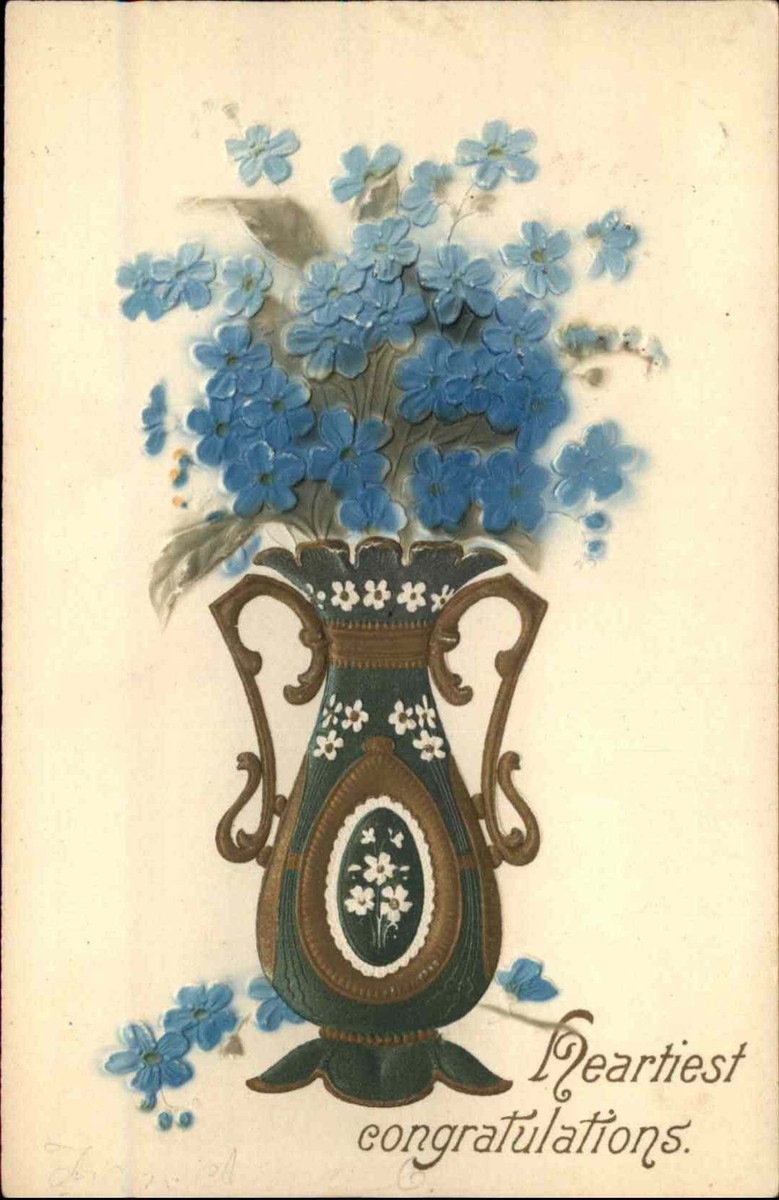 プロダクションメッセージ NO,10 Vase Flowers Airbrushed Embossed Congratulations c1910s Postcard