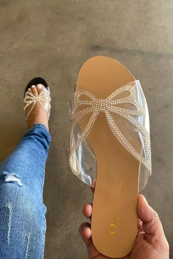 Women s Diamond Rhinestone Clear Butterfly Open Toe Slip on Flat