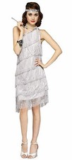 Womens Flapper Costume Silver 1920s Roaring 20s Fringe Fancy Dress Adult S/M NEW