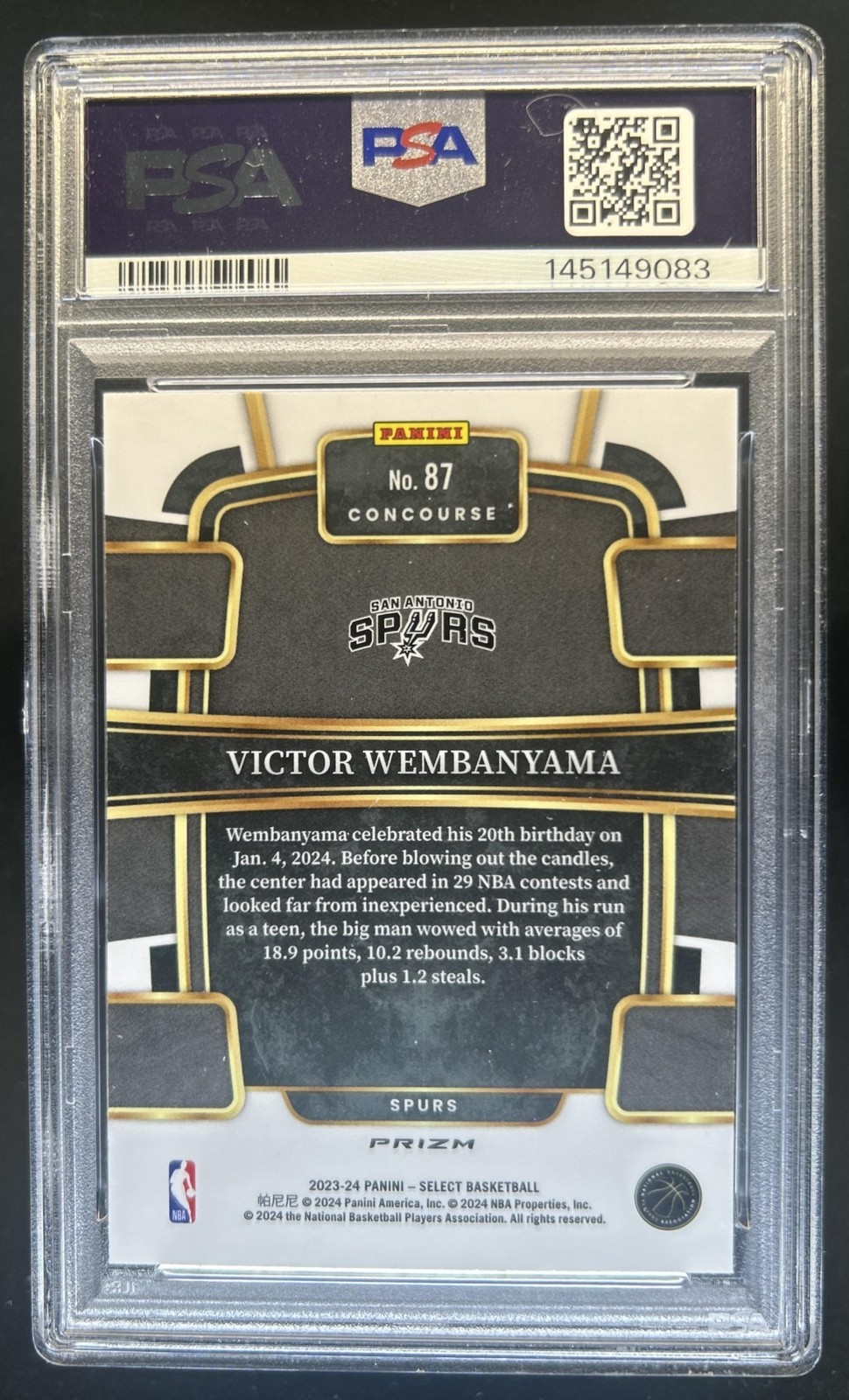 2023-24 Panini Select Victor Wembanyama RC Silver Prizm Concourse #87 PSA 10 view 2