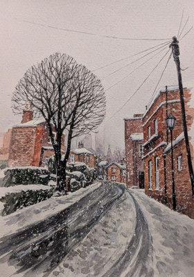 Urban Winter City Street Watercolor Painting Snowy Road Houses Original Art