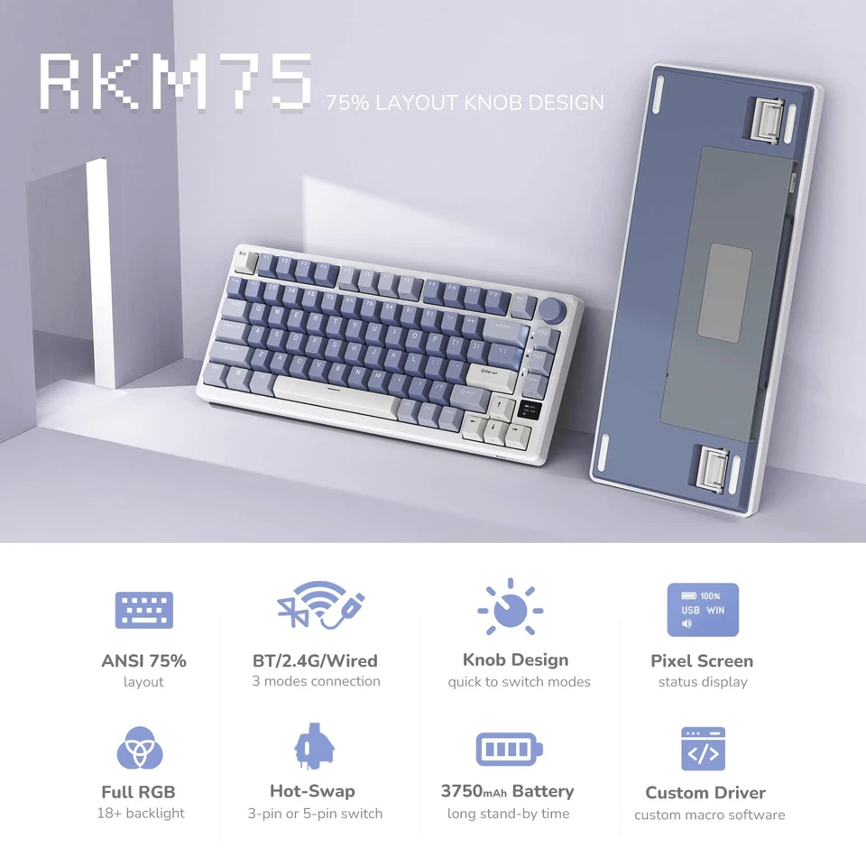 M75 Mechanical Keyboard with OLED Smart Display and Volume Knob, 2.4G/USB-C/B... - Image 2 of 4