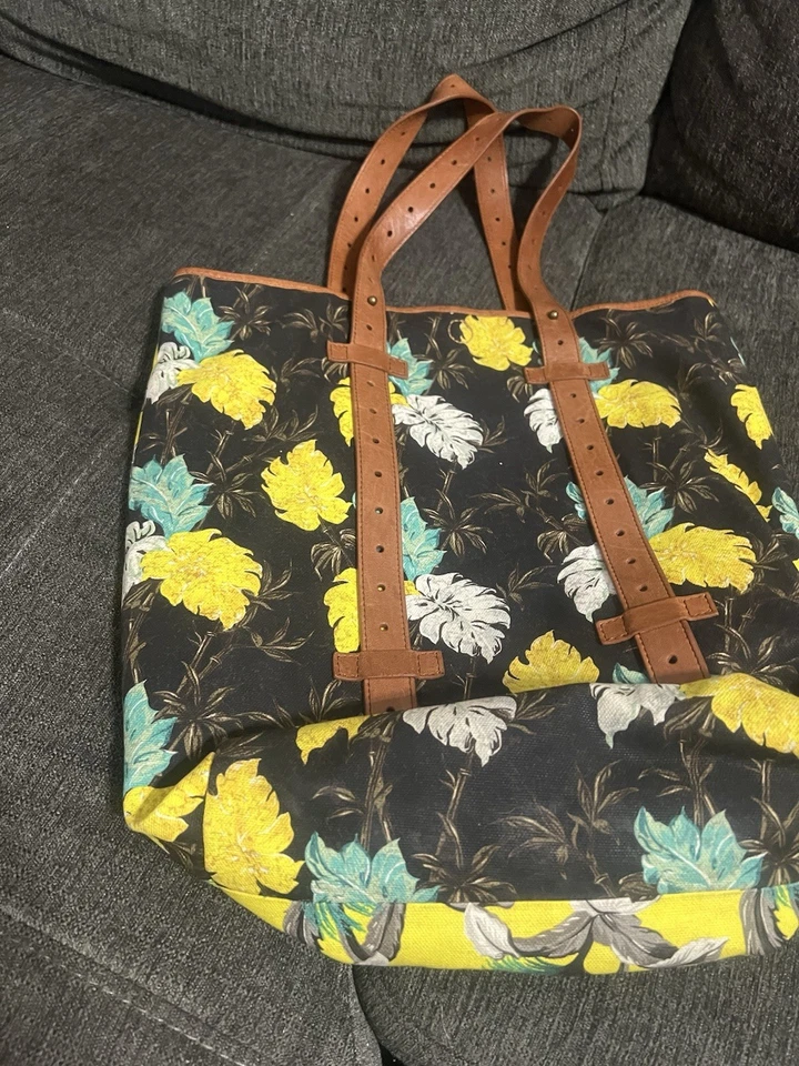 Proenza Schouler Hawaiian Floral Canvas Tote Bag Yellow Black Leather Trim NWOT - Image 3 of 4