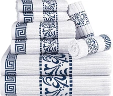 8-Piece Cotton Towel Set, Decorative Greek Pattern, Home Essentials, Absorben...