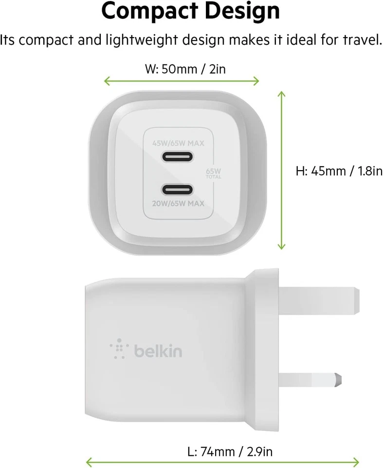 Belkin 65W Dual USB Type C Wall Charger, Fast Charging Power Delivery 3.0 with G - Image 4 of 4