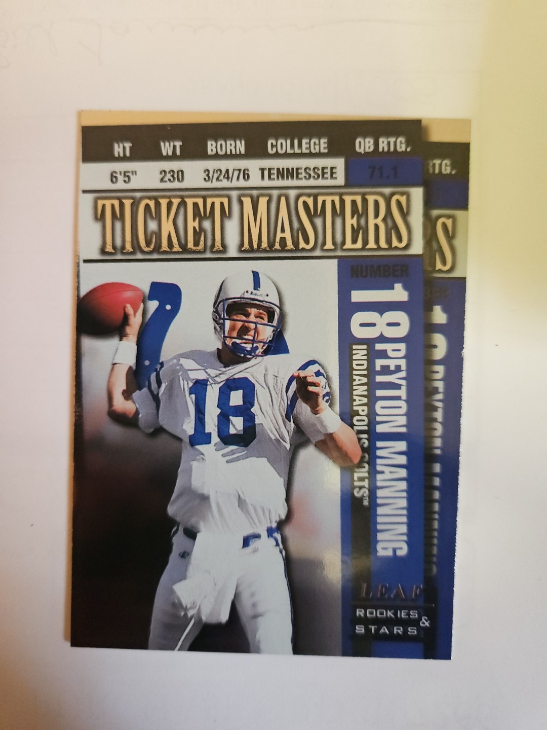 Peyton Manning/Marshall Faulk 1998 Leaf Rookies & Stars Ticket Masters 1488/2500