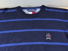 Vintage 90s Tommy Hilfiger Pullover Knit Sweater Large Blue Stripes Embroidered