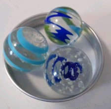 3 Contemporary Handmade Art Glass Marbles 1" Swirl Flashlight Blue Green