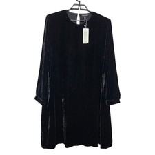 Eileen Fisher Black Silk Velvet Crew Neck Knee Length Dress Size Medium L/S