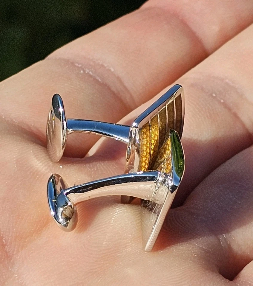 DD David Donahue Brand Sterling Silver Golden Yellow Guilloche Enamel Cufflinks - Image 4 of 4