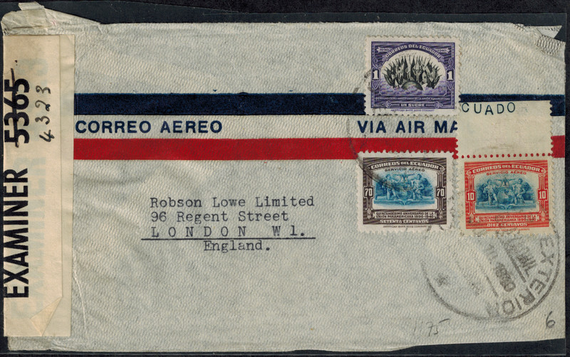 WWII 1940 Ecuador Triple Censor Cover w/Bermuda Tape 5365 G, 4323 D, & 4323 Ink