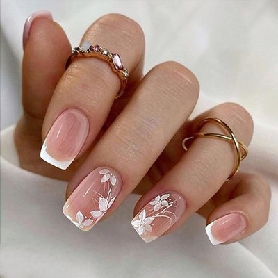 Pink Press on Nails Kurze Square White French Tip Nails Press ons Weiße Blume