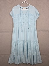 Light Sky Blue Tiered Clip Dot Eyelet Dress Medium Kate & Sam Midi Peasant