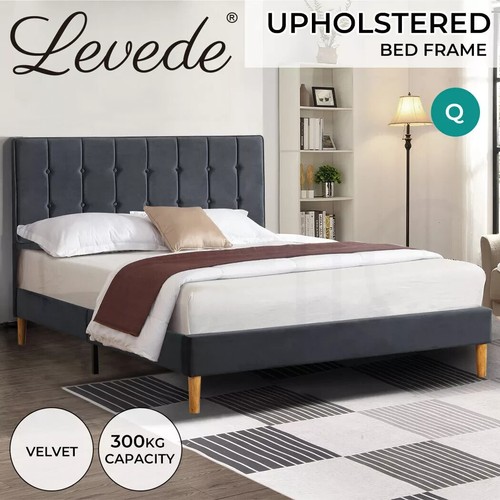 Levede Queen Bed Frame Mattress Base Platform Wooden Velvet Headboard