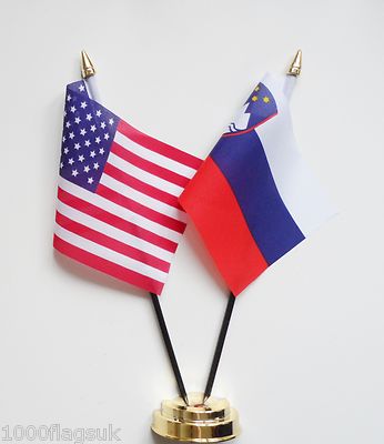 Vereinigte Staaten von Amerika USA & Slowenien Doppelte Freundschaft Tisch Flagge Set