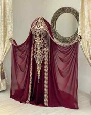Muslim Burgundy Chiffon Caftan Prom Dresses With Cape Veil Gold Applique Lace