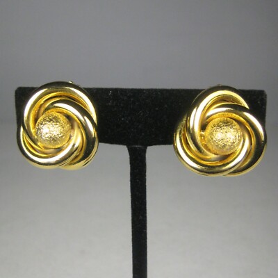 Earrings CLIP ON Goldtone VTG 70s 80s Estate 1.5 in Spiral Bead Modern Interlock