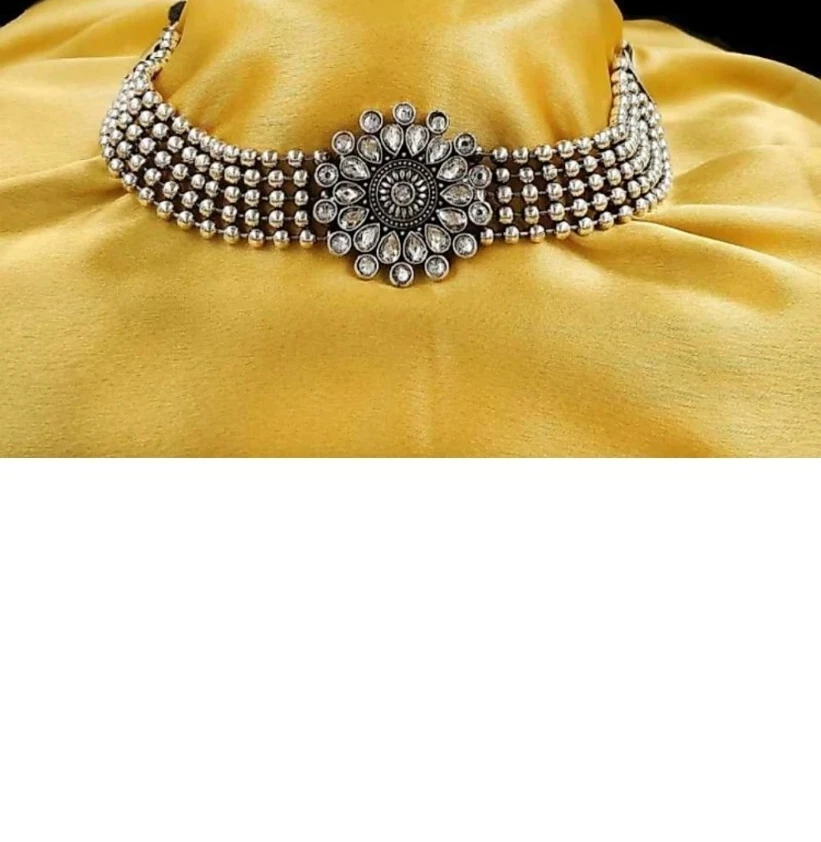 Этнический Болливуд стиль серебра окисленный только ошейник ожерелье индийский ювелирный набор - Изображение 4 из 4