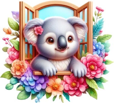 Vinyl-Aufkleber Koalabär blickt Blumen Fenster Wand Schlafzimmer Kinderzimmer