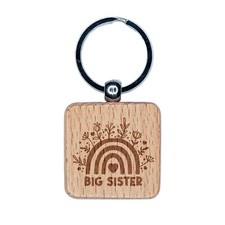 Big Sister Bohemian Floral Rainbow Engraved Wood Square Keychain Tag Charm