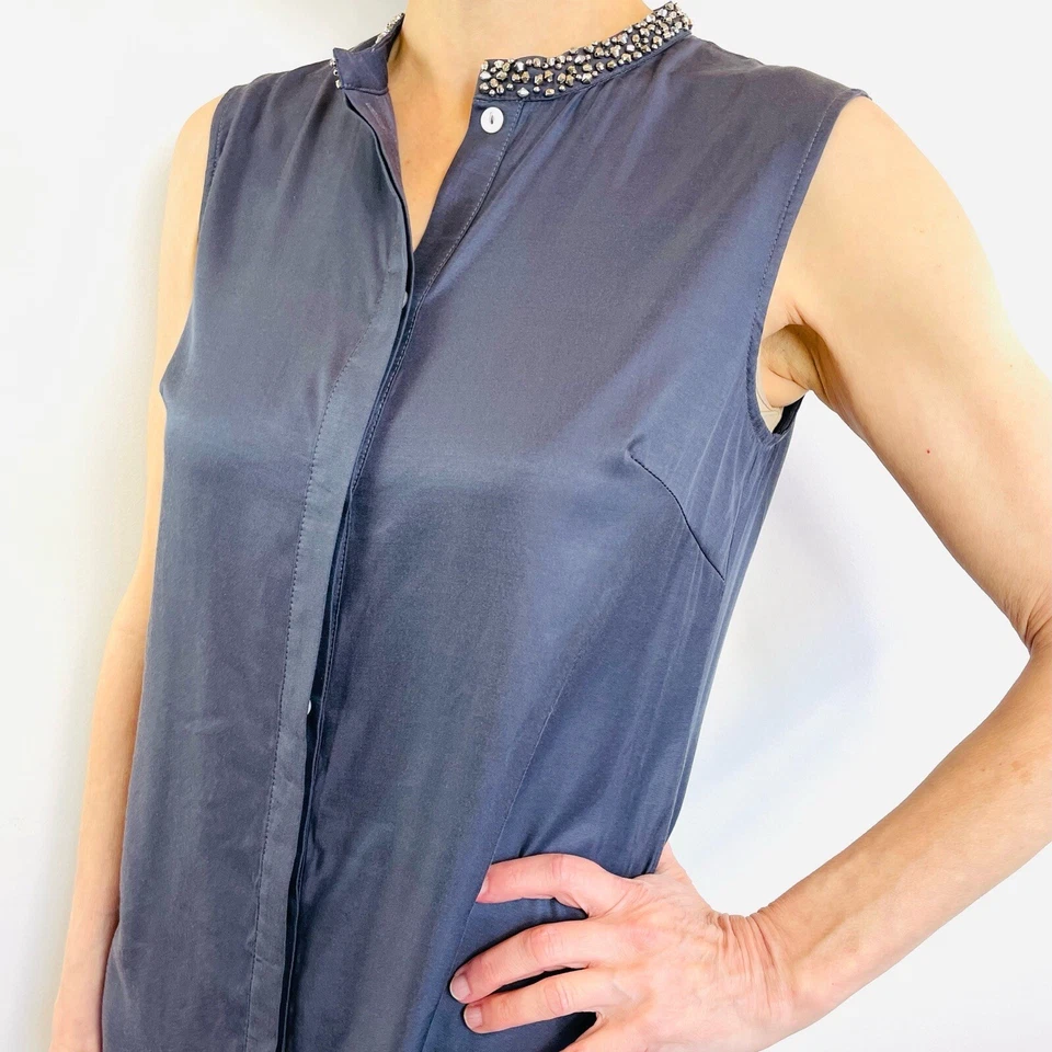 Vestido Camisa 3.1 Phillip Lim Talla M 10 12 Azul Gris Sin Mangas Embellecido Cuello Foto 3 de 4