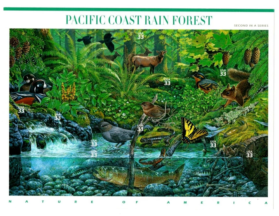 Four x 10 = 40 of Nature of America PACIFIC COAST RAIN FOREST 33¢ US Stamps 3378 - Image 2 of 4