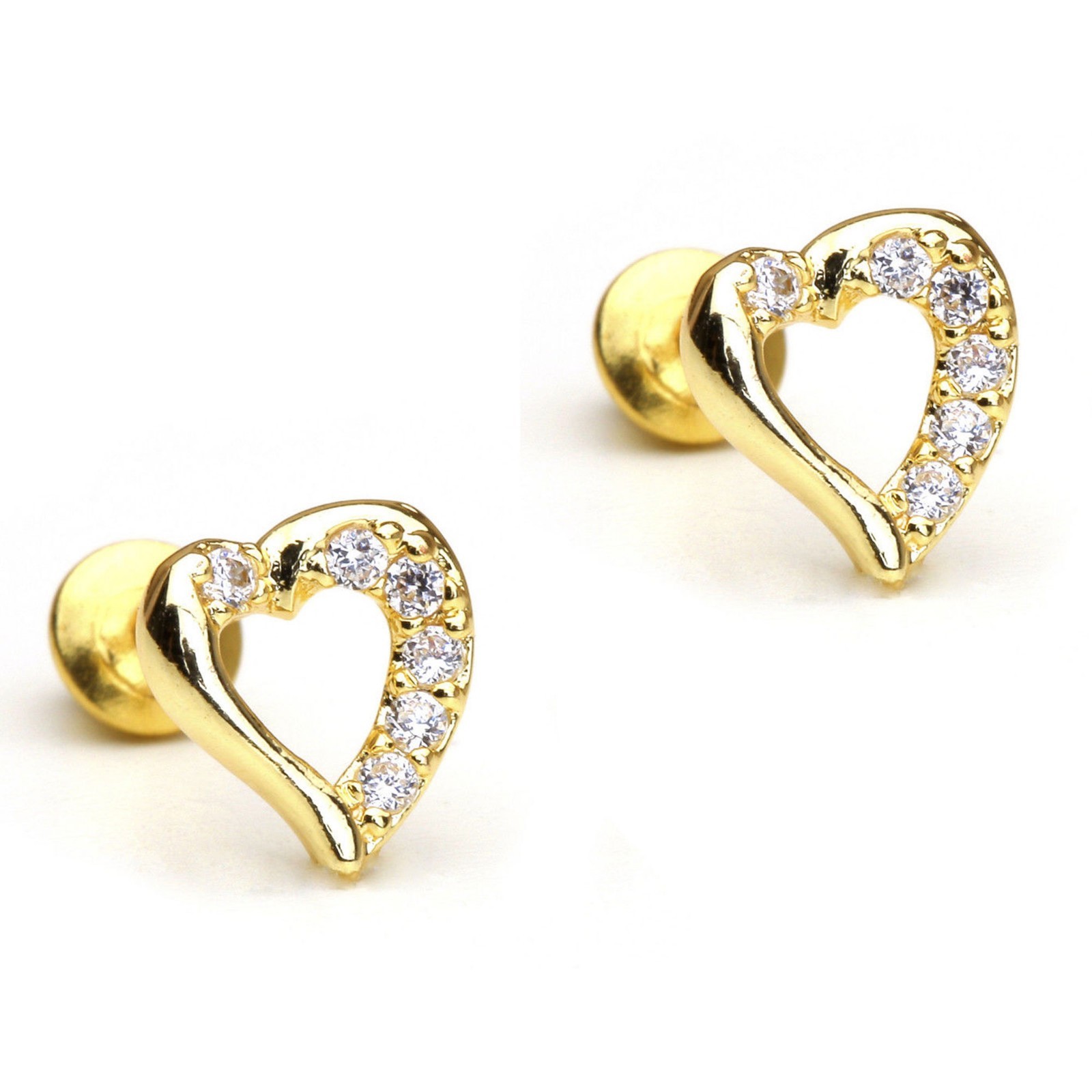 14k Yellow Gold Plated CZ Open Heart Children Screwback Baby Girls Earrings VDay