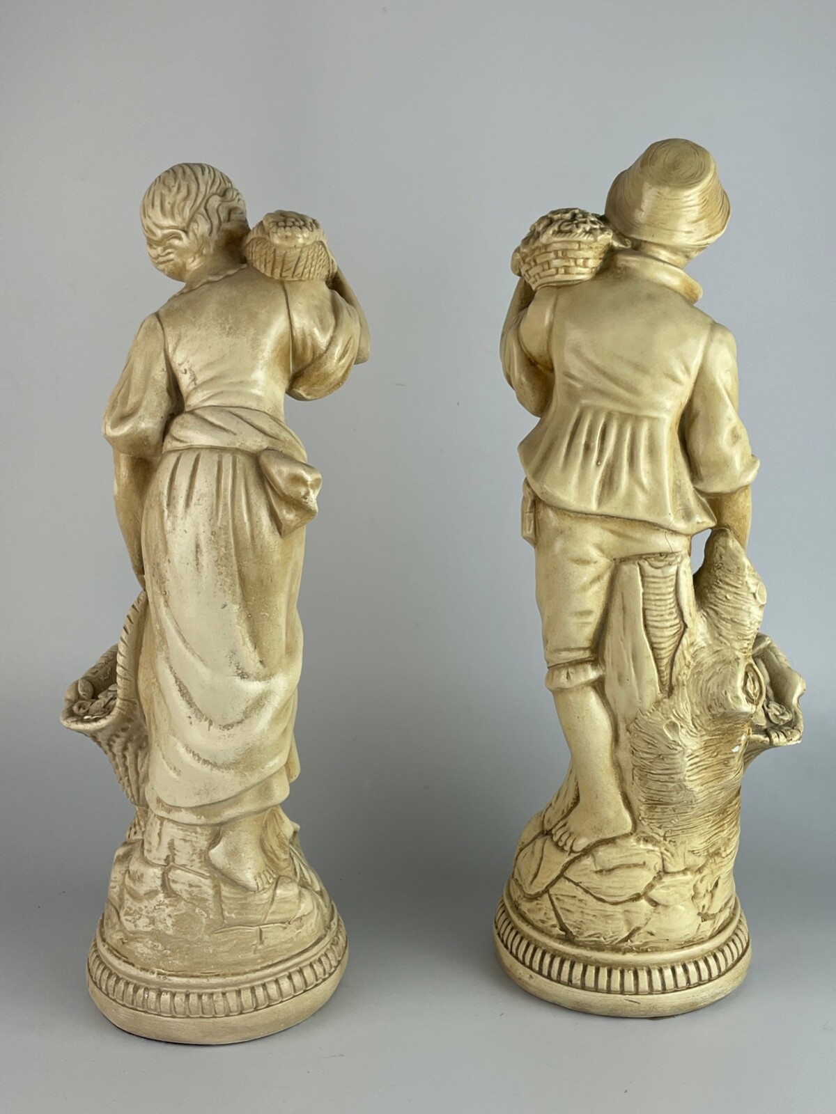 Pair of Vintage Pastoral Antique Man + Woman large 20" Plaster Statues