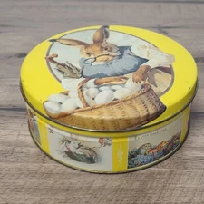 Vintage Grandma Bunny Rabbit Round Yellow Metal Storage Tin Made in USA 7.25"
