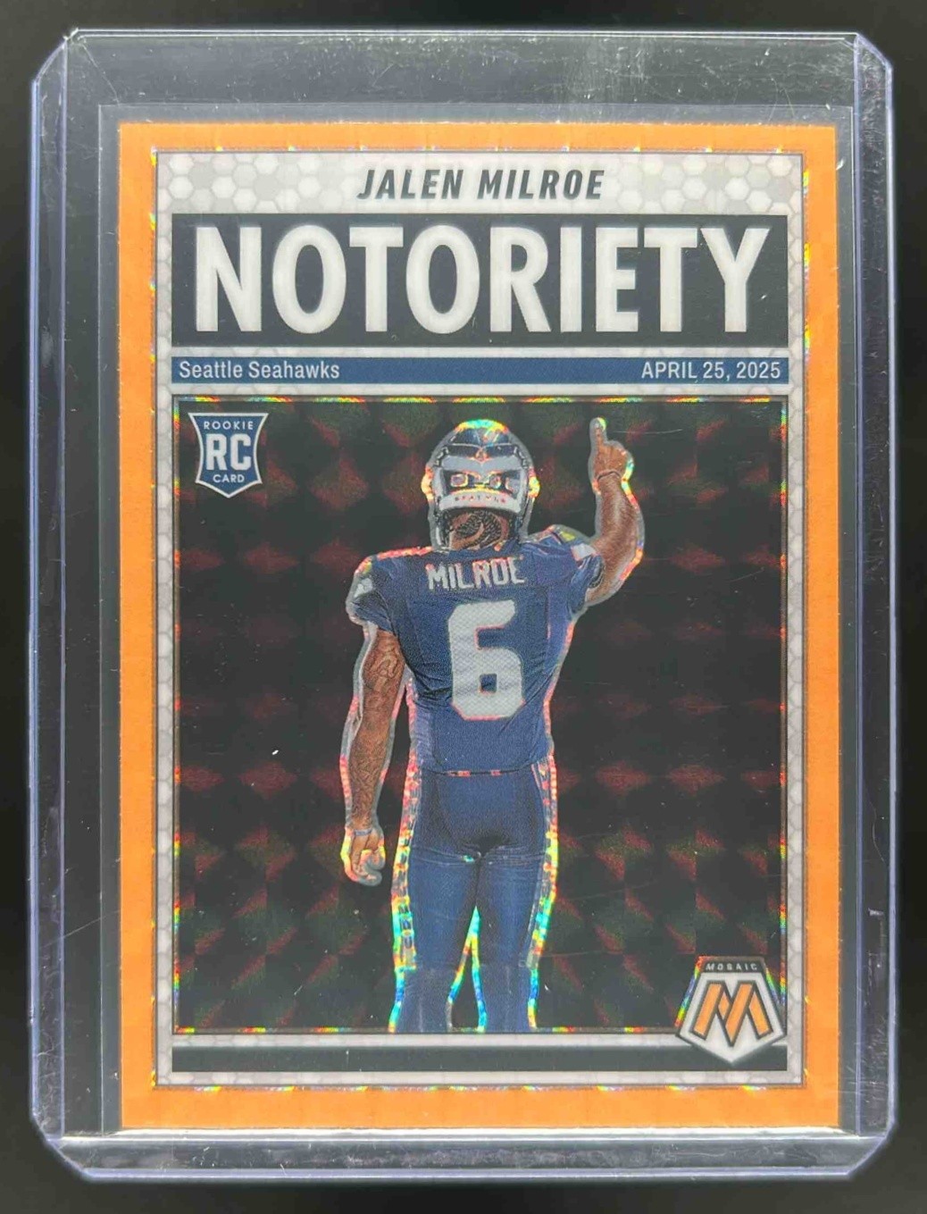 2025 Mosaic Jalen Milroe Notoriety RC Orange Fluorescent Prizm #15 Seahawks