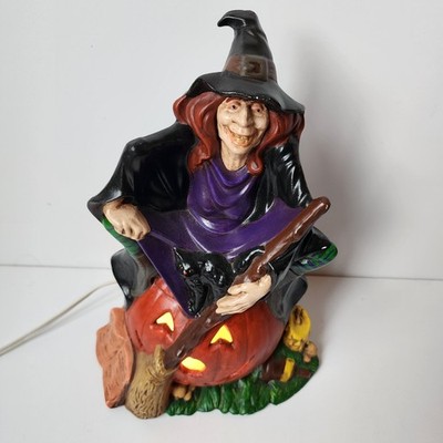 Vintage Ceramic Halloween Witch Sitting on Pumpkin Byron Molds 70's Lighted 1972