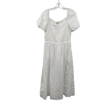 Loft Womens Midi Sundress Short Puff Sleeve Textured White Size Medium Smocked