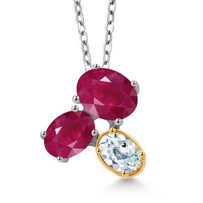 925 Silver and 10K Yellow Gold Ruby and Aquamarine Pendant Necklace For Women