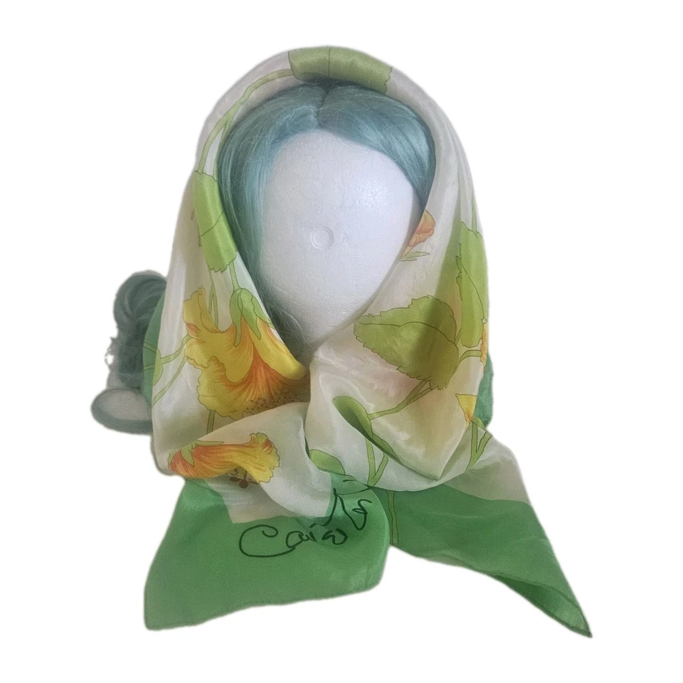 Bufanda Carleton Varney firmada de colección 100 % seda enrollada a mano 34" hibisco amarillo años 80 Foto 3 de 4