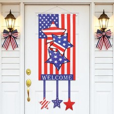 4th of July Door Sign Patriotic Decorations, 86x33cm Fabric American Flag Banner
