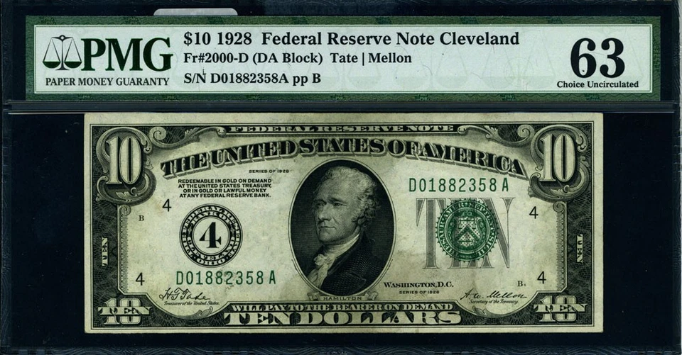FR. 2000 D $10 1928 Federal Reserve Note Cleveland D-A Block Choice PMG CU63 - Image 2 of 3