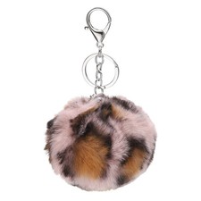 Pom Pom Keychain, 8 cm Soft Cute Fluffy Ball Key Ring, Leopard Pink