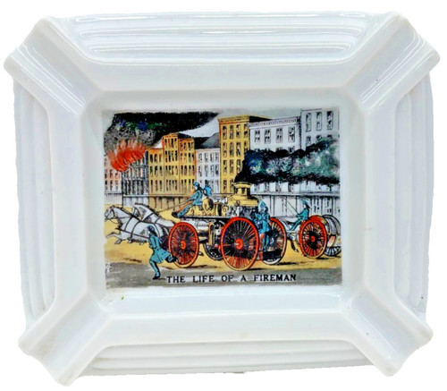 Vintage Currier & Ives Americana Ashtray – “The Life of a Fireman” – Ceramic