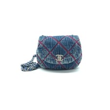 Chanel Denim Half Moon Quilted Shoulder Bag Women Blue One Size