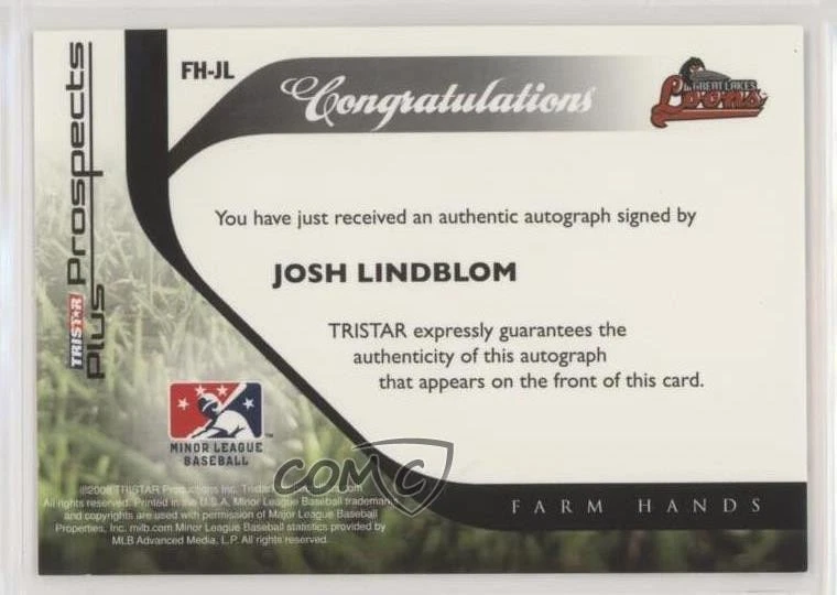 2008 TRISTAR Prospects Plus Farm Hands Authentic Auto Josh Lindblom #FH-JL Auto - Image 2 of 2