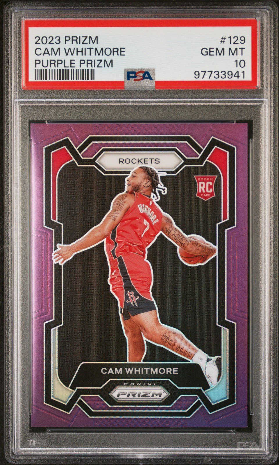 PSA 10 CAM WHITMORE /99 ROOKIE PURPLE 2023 PANINI PRIZM NBA ROCKETS RC 1 #129