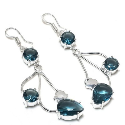 London Blue Topaz Gemstone Handmade 925 Sterling Silver Jewelry Earring Sz 2.85''